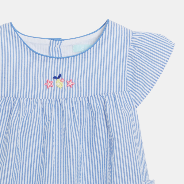 فستان للفتيات الرُضع، باللون الأزرق، من نسيج قطني بخطوط رفيعة وملمس مُجعد